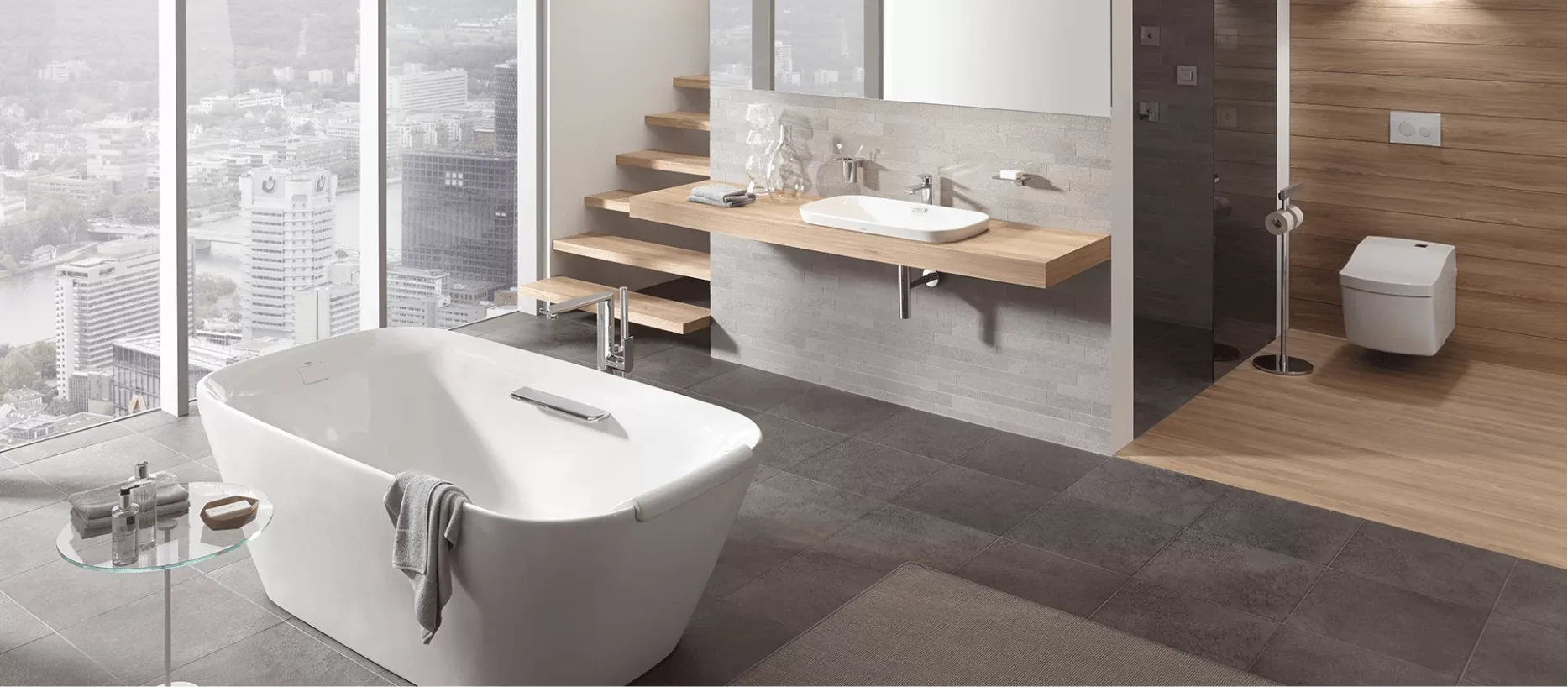 An image of a luxury bathroom, light themed.