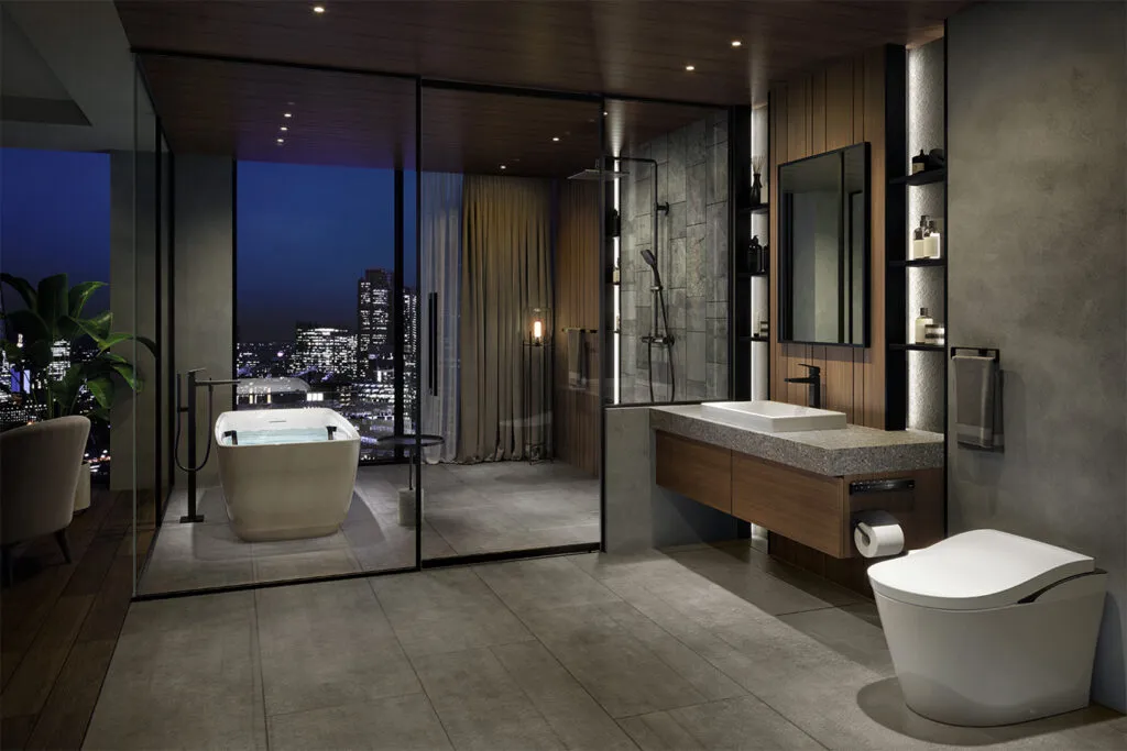 A living room with TOTO luxury toiletries.