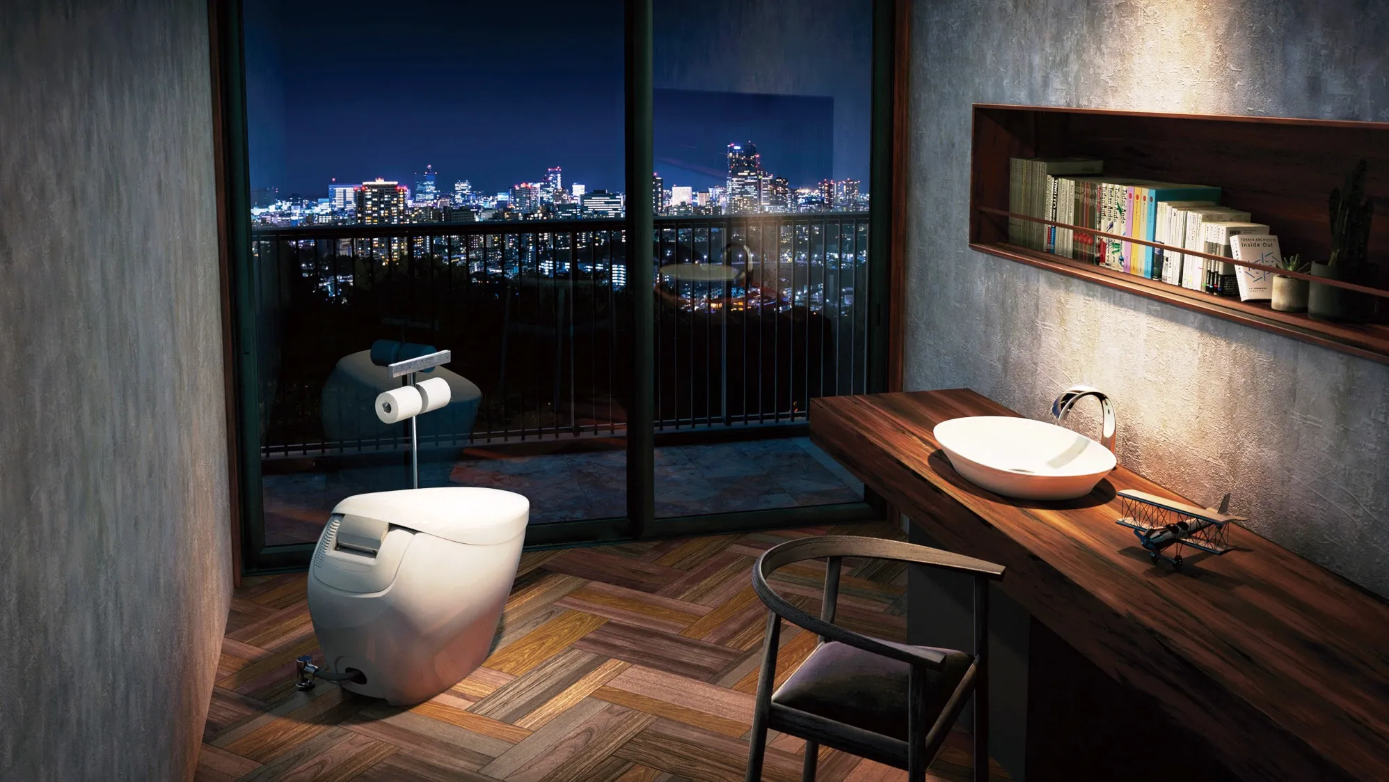 Aesthetic room with outside view, dark scene - toilet and sink visible